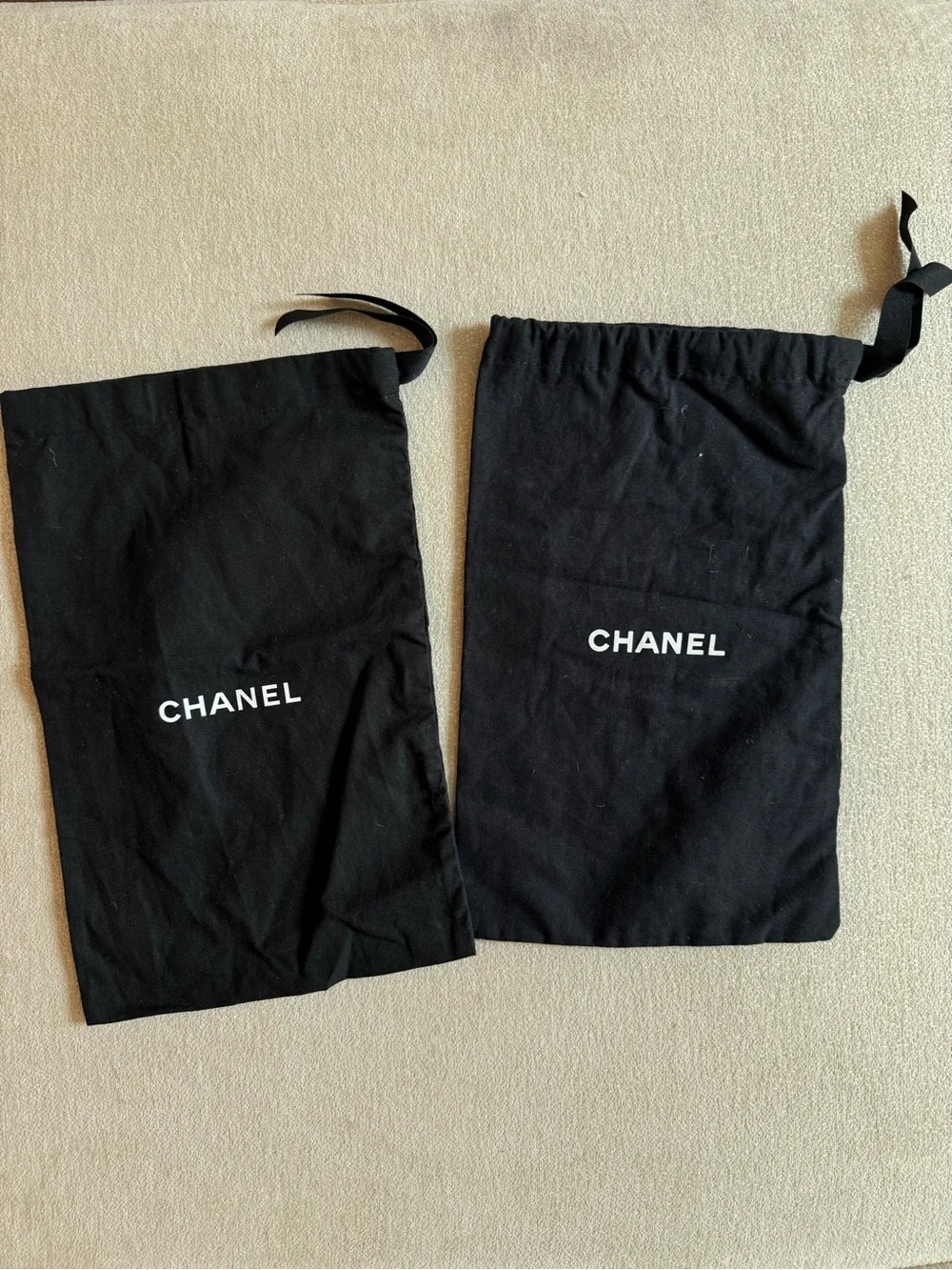CHANEL Black Drawstring Dust Bags (Pair) and Shoe Box